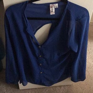Blue Sheer Open Back Blouse with Gold Buttons